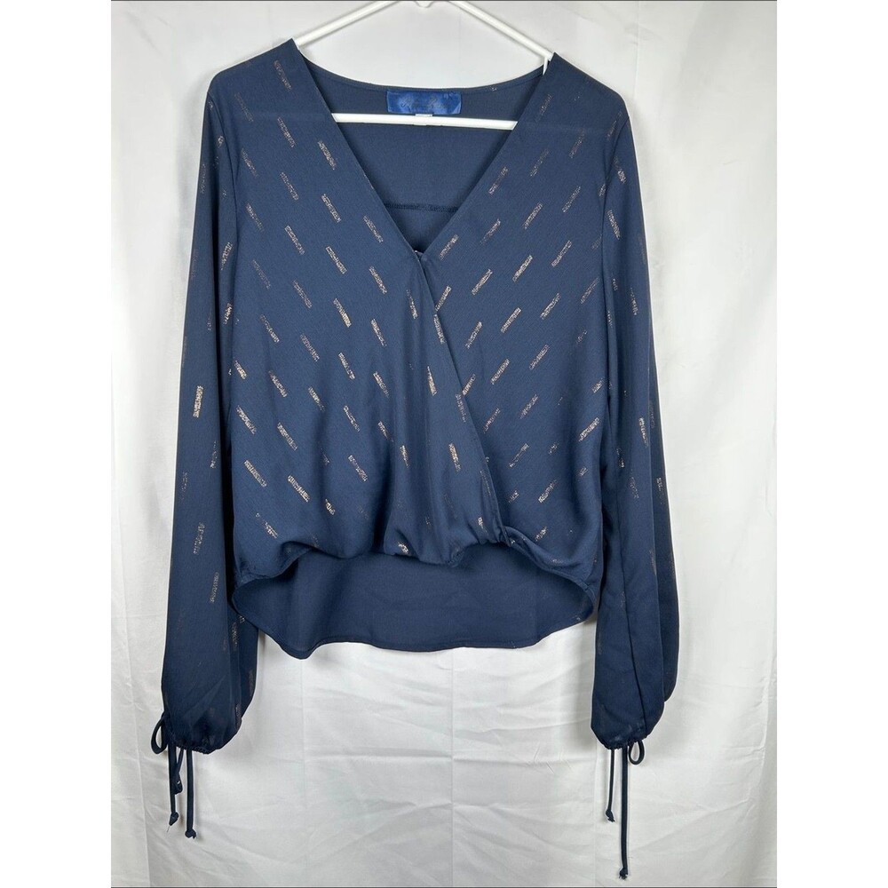 Blue Rain Crop Blouse Women’s Size Large Navy Blue Gold Tie Sleeves Festival